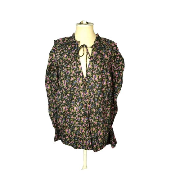 Free People Black Floral Boho Peasant Long Sleeves Size Medium - Picture 1 of 3